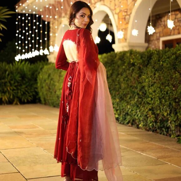 Maroon Blush Embroidered Georgette Suit Set, S-XL US Size Free Shipping - Picture 3 of 6